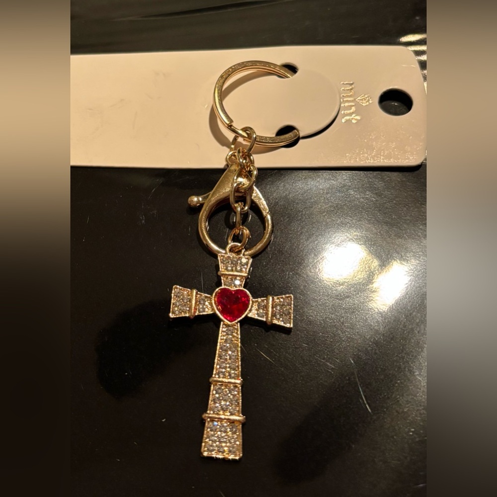 NWT Gold Bling Cross with Red Heart Chunky Keychain / Bag Charm
